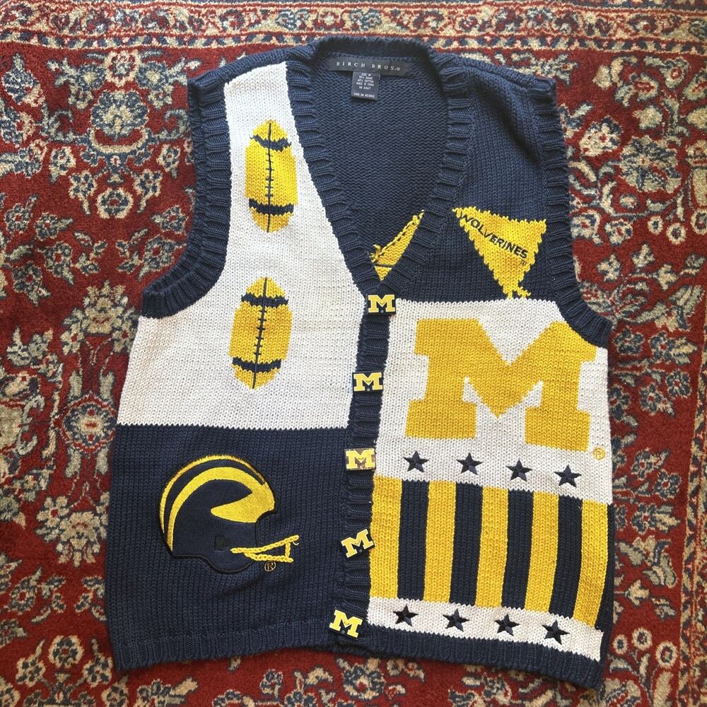 VTG Birch Bros. University Of Michigan Football Knit Vest Size Med Cottagecore